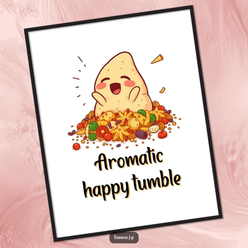Funny samosa digital art print of a giggling samosa character falling into spices, ready for printing and display, a humorous and spicy gift.