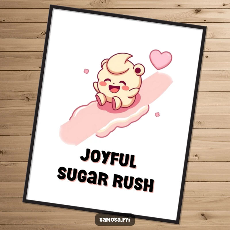 Funny digital art print of a giggling laddoo character joyfully rolling down a sweet, sugary slope, radiating happiness.
