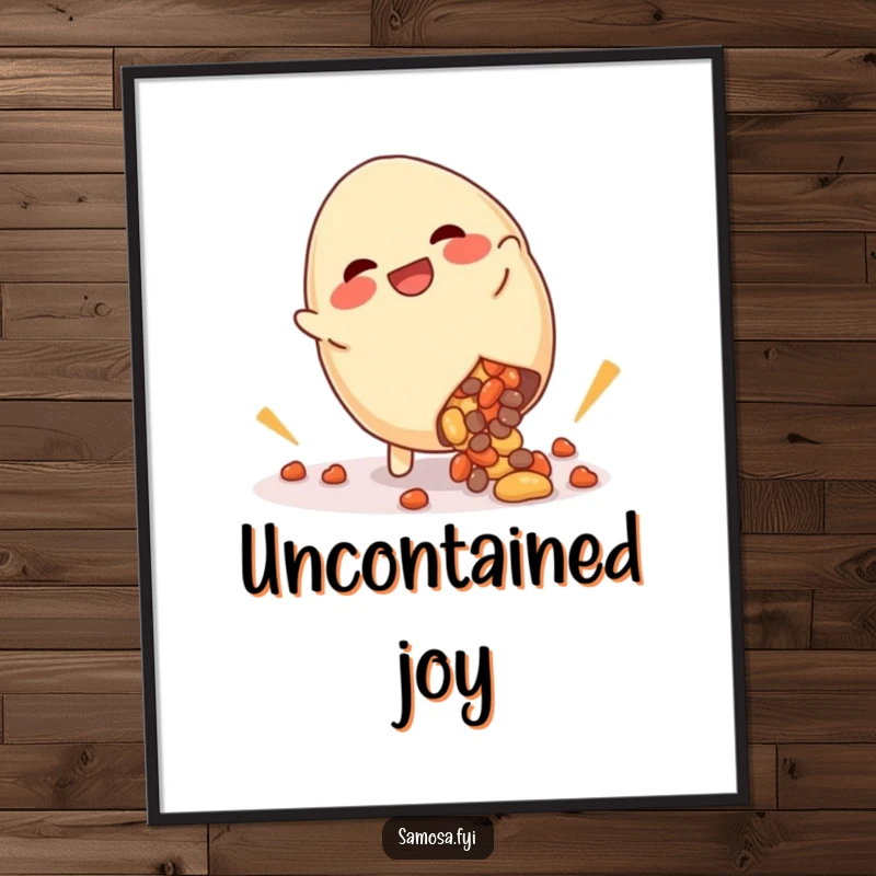 Funny digital art print of a giggling samosa doing a cartwheel with filling spilling humorously, perfect for instant whimsical wall decor.