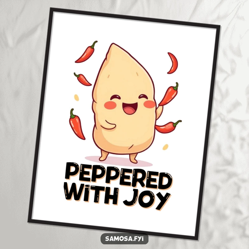 Funny Samosa Digital Art: Printable art of a giggling samosa juggling chili peppers, perfect for spicy and humorous decor.