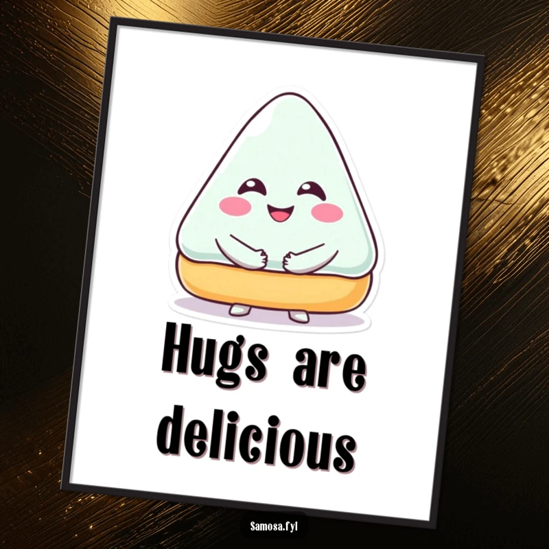 Funny Digital Art Print of a triangular pastry character with a big smile, joyfully giving a hug, perfect for sweet decor.