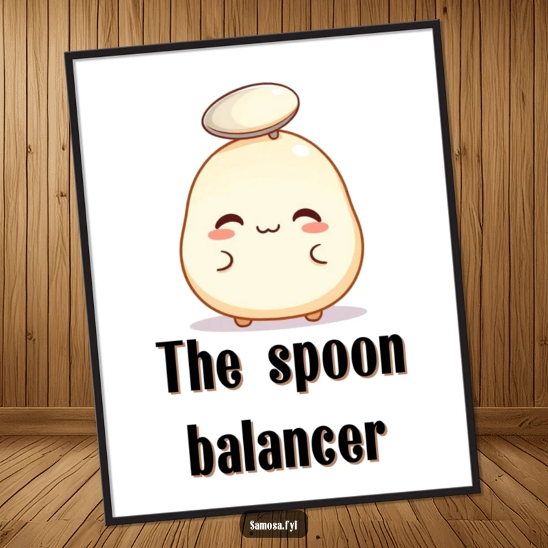 Funny digital art print of a plump pastry puff attempting to balance a tiny spoon on its head, ideal for humorous decor.