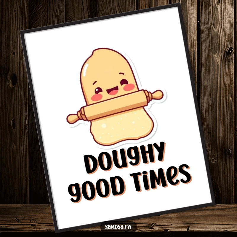 Funny Rolling Pin Digital Art Print shows a delighted rolling pin character rolling out dough, for instant baking decor.