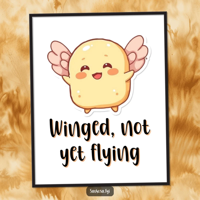 Funny digital art print of a cheerful roti character attempting to fly using its flaky layers as wings, radiating hopeful ambition.