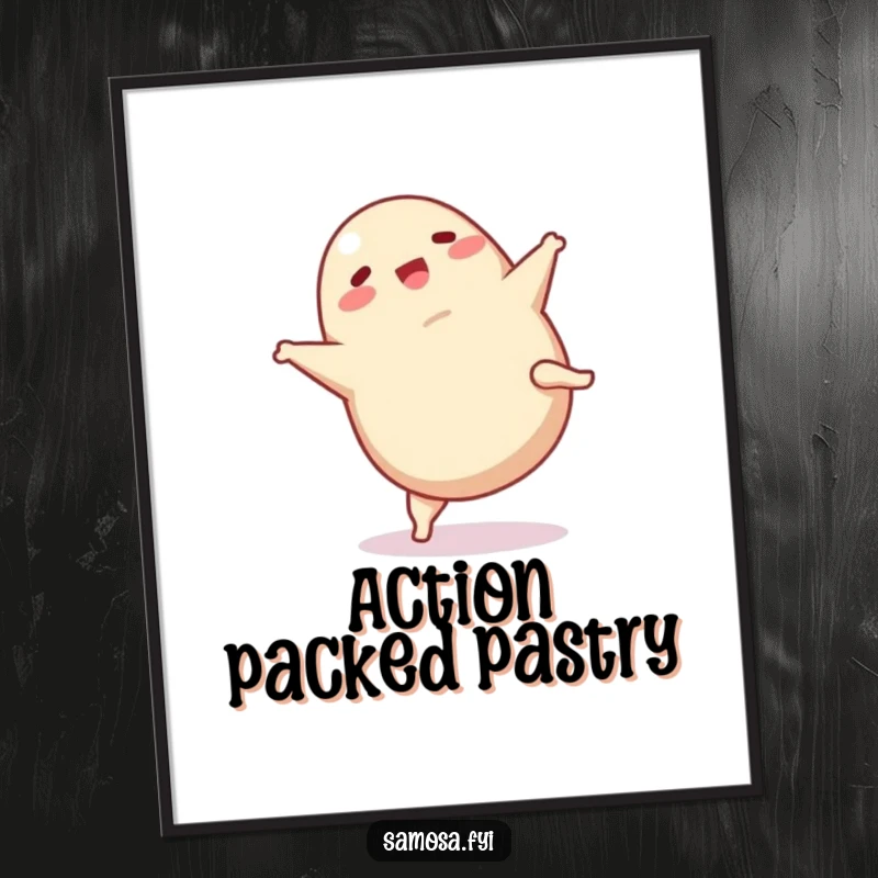 Funny Samosa Digital Art: High-resolution printable of a happy samosa doing a cartwheel, perfect for humorous wall decor.