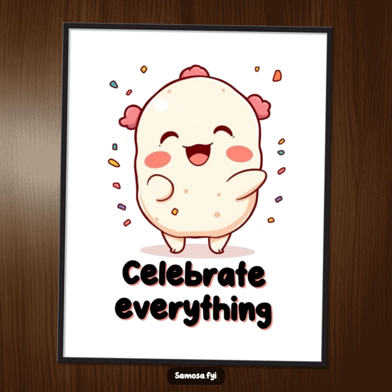 Funny Digital Art Print: A samosa character throwing confetti with a mischievous grin, radiating festive cheer and party energy for your display.