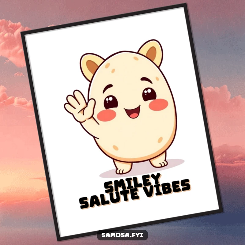 Funny Samosa Digital Art print of a smiling animated samosa character giving a cheerful salute, perfect for instant humorous decor.