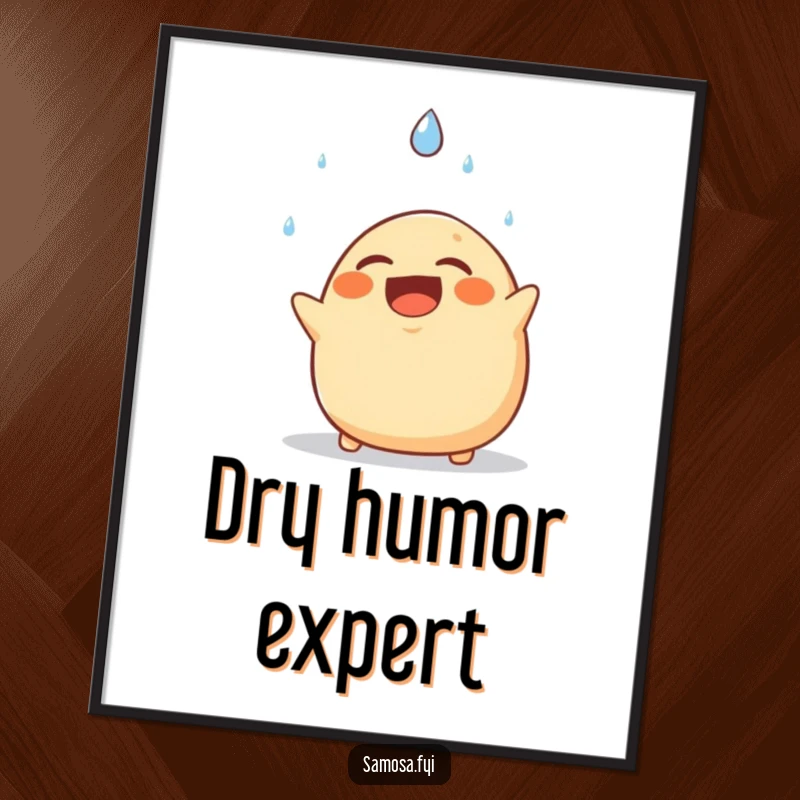 Funny digital art print of a laughing samosa comically dodging a falling raindrop, perfect for instant, humorous wall decor.