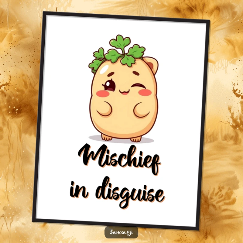 Funny Samosa Digital Art Print of a mischievous samosa winking with a parsley hat, humorous wall art for a funny gift.