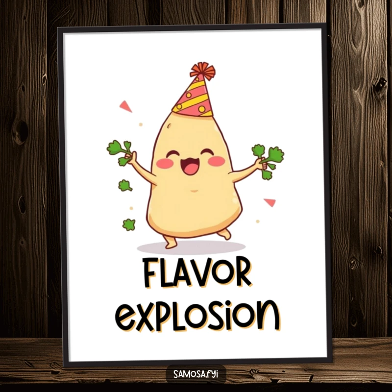 Funny Samosa Digital Art Print shows a delighted samosa with a party hat comically tripping while juggling cilantro, a downloadable piece of humor.