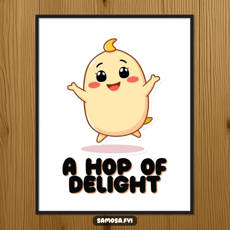 Funny Samosa Digital Art Print of a cute samosa character doing a funny little hop with a big grin, full of playful happiness.