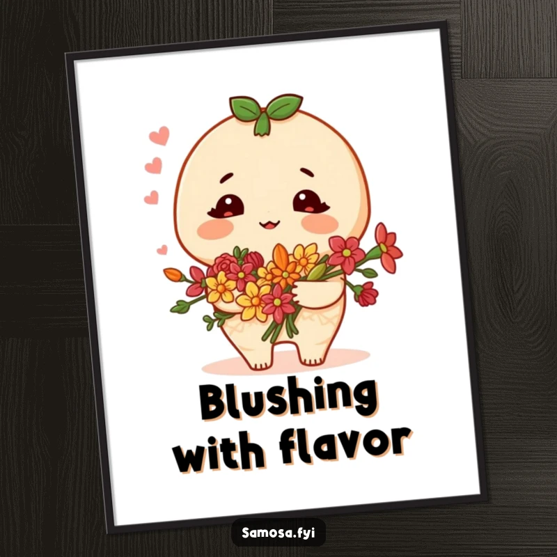 Funny samosa digital art print of a blushing character holding a bouquet of spice flowers, perfect for adding instant charm to decor.