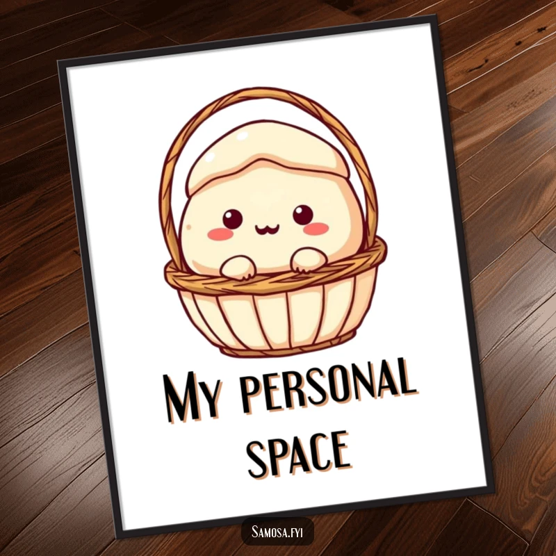 Funny Digital Art Print: A samosa character comically stuck in a small basket, radiating humor and relatable predicaments for your display.