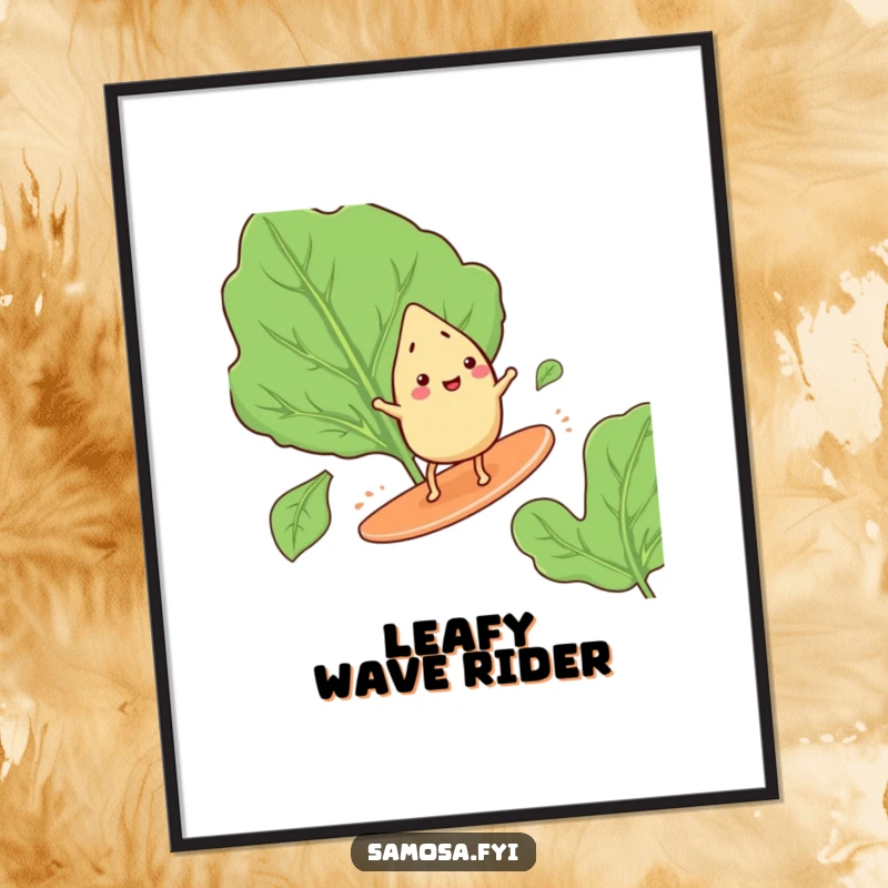 Funny digital art print of a happy samosa with tiny legs surfing on a giant spinach leaf with a cheerful expression.