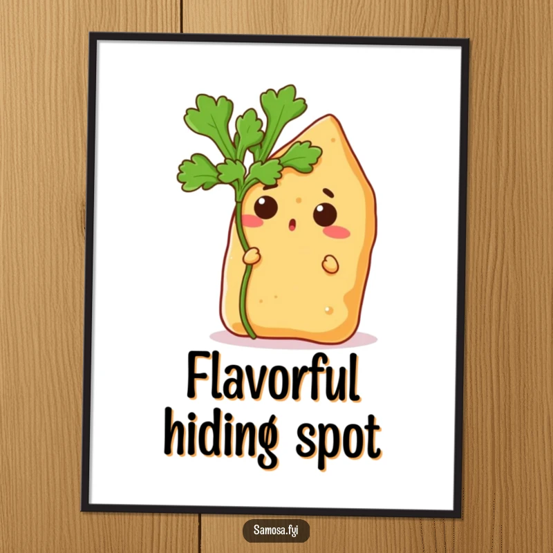 Funny digital art print of a surprised samosa peeking from behind a coriander leaf, ideal for instant humorous wall decor.