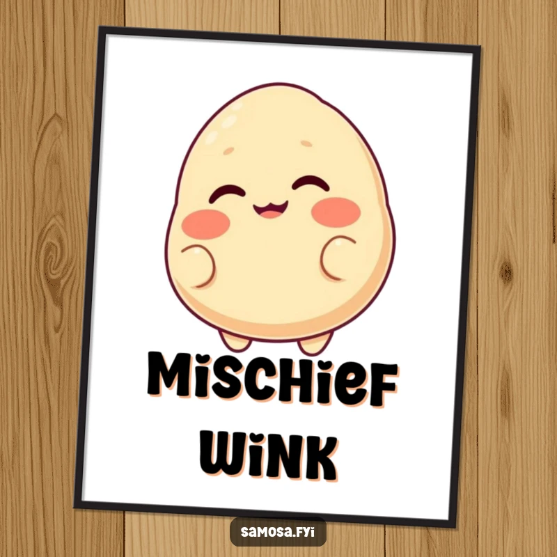 Funny digital art print of a blushing samosa with a cheeky grin, playfully winking with its eye, full of charm.