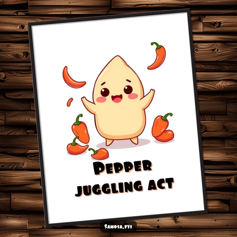 Funny digital art print of a smiling samosa playfully juggling tiny red chili peppers, perfect for instant spicy and humorous wall decor.