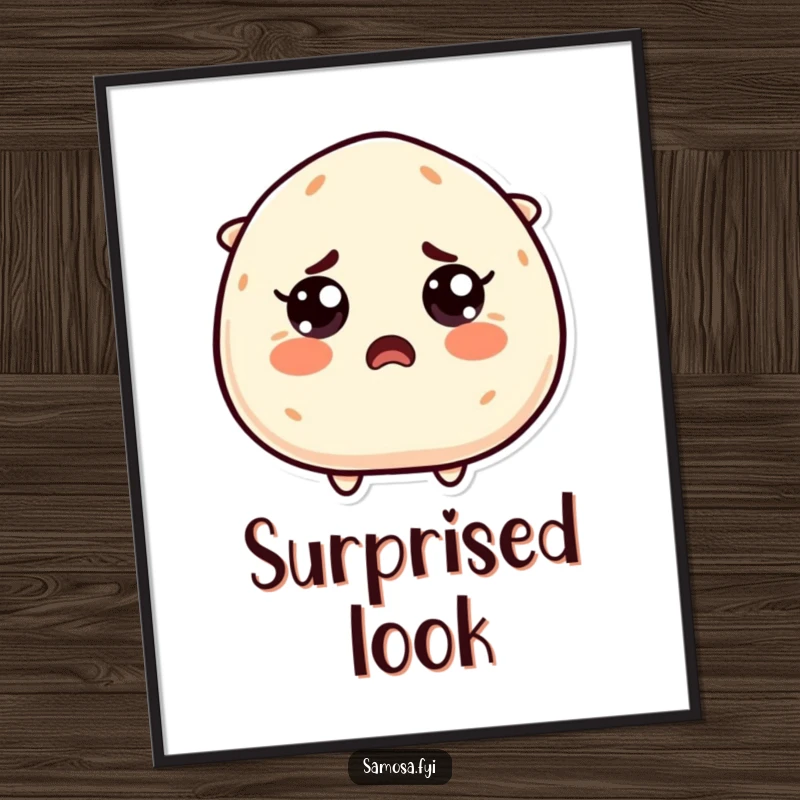Funny Startled Samosa Digital Art Print: A samosa character with comically wide eyes, expressing pure shock and surprise, bringing humorous astonishment to your walls.