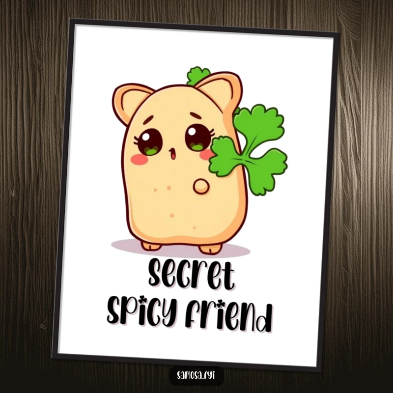 Funny Surprised Samosa Digital Art: High-resolution printable of a snack peeking from behind coriander leaves, perfect for whimsical decor.