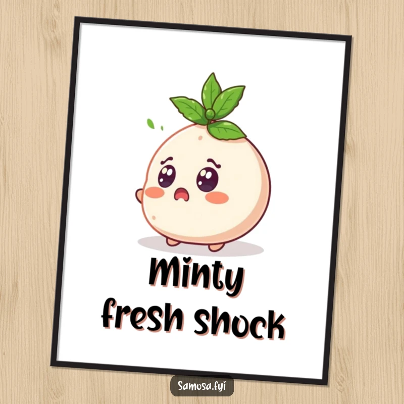 Funny Surprised Samosa Digital Art Print shows a samosa character with wide eyes shocked by a flying mint leaf, for decor.