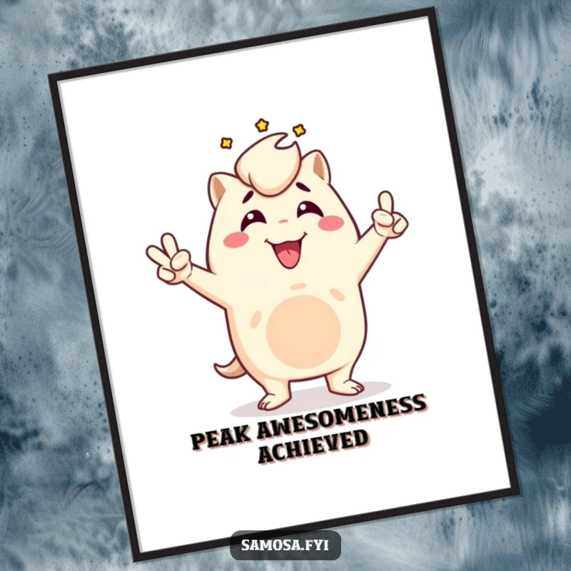 Funny samosa digital art print of a triumphant samosa character in a victory pose, ready for printing and display, a humorous and motivational gift.