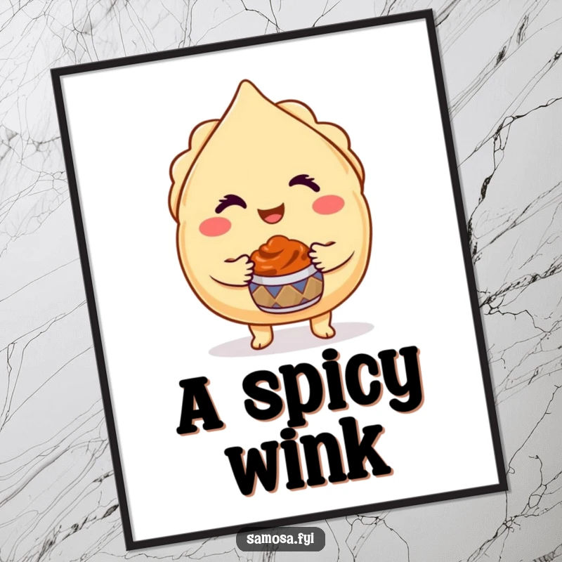 Funny Winking Samosa Digital Art Print shows a cheeky samosa character winking while offering chutney, for instant decor.