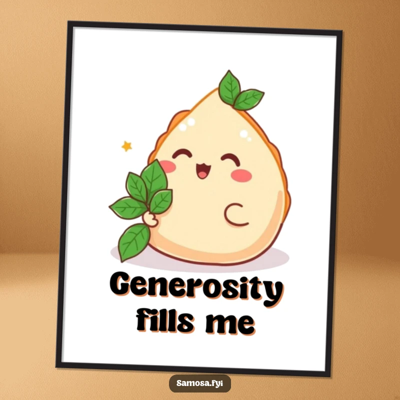 Funny Samosa Digital Art Print of a happy samosa offering a mint leaf, cheerful and humorous wall art for a funny gift.