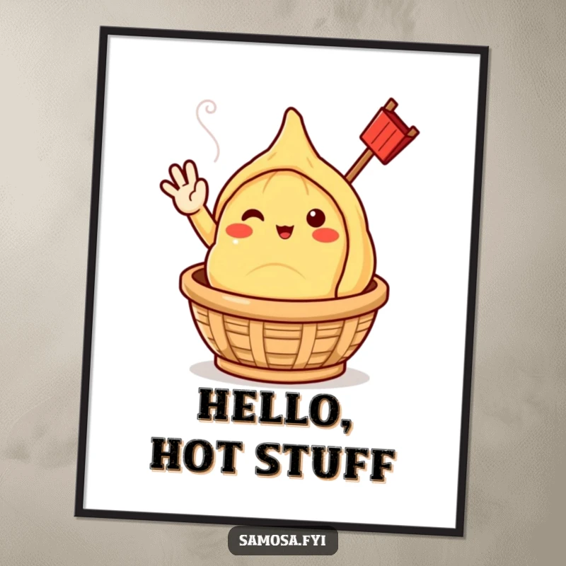 Funny samosa character giving a cheerful wave, emerging from a steaming basket, as a downloadable digital art print.