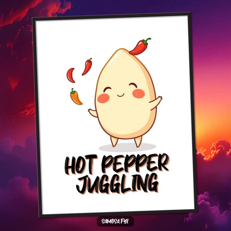 Funny Samosa Digital Art: High-resolution printable featuring a joyous Indian snack juggling spicy peppers, perfect for quirky digital decor.