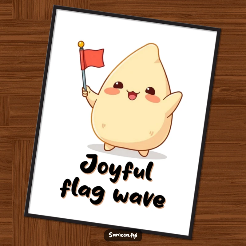 Funny Samosa Flag Digital Art Print: A chubby, excited samosa character waving a miniature flag, bringing festive energy and celebratory cheer to your walls.