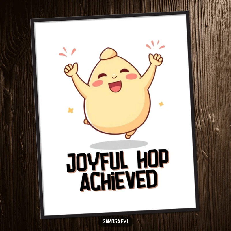 Funny samosa digital art print of a plump samosa character doing a victorious celebratory hop, radiating pure joy.