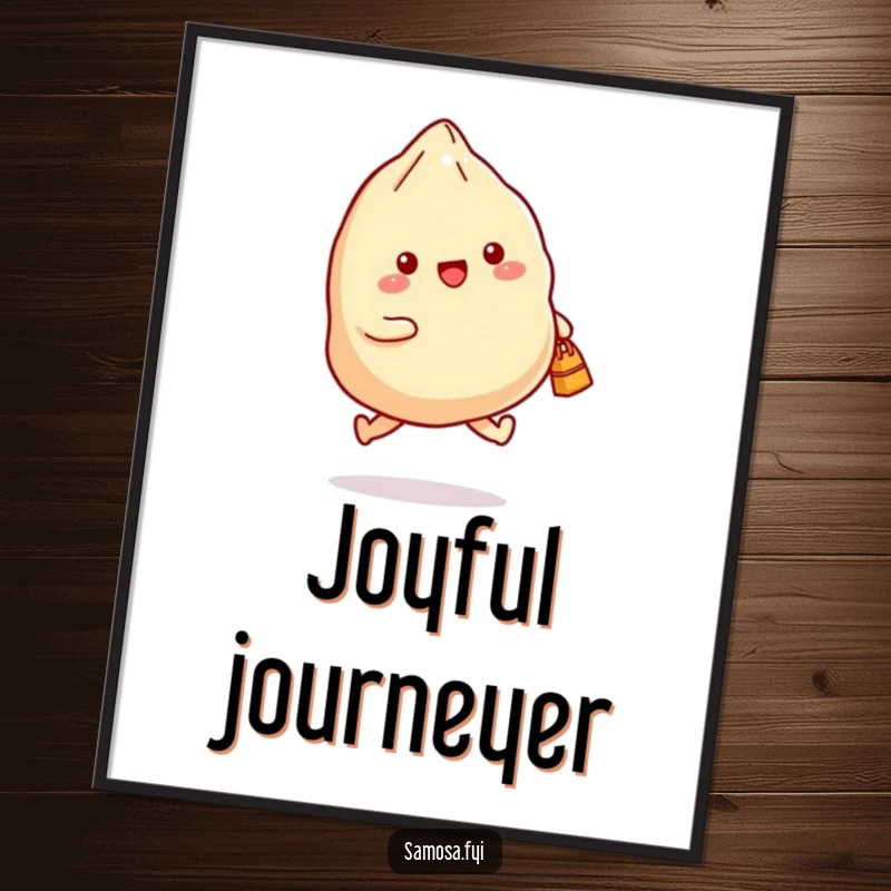 Funny digital art print of a samosa joyfully skipping with a small bag, perfect for instant, cheerful wall decor.