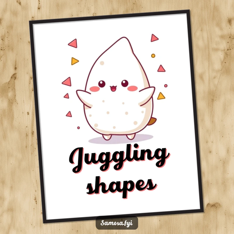 Funny Samosa Digital Art Print of a samosa character masterfully juggling small triangular shapes, symbolizing skill and humorous multitasking.