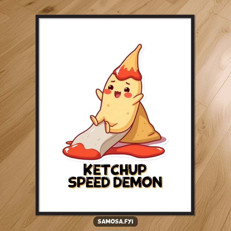 Funny Digital Art: A cheerful samosa character slides down a ketchup slide, a vibrant and humorous illustration.