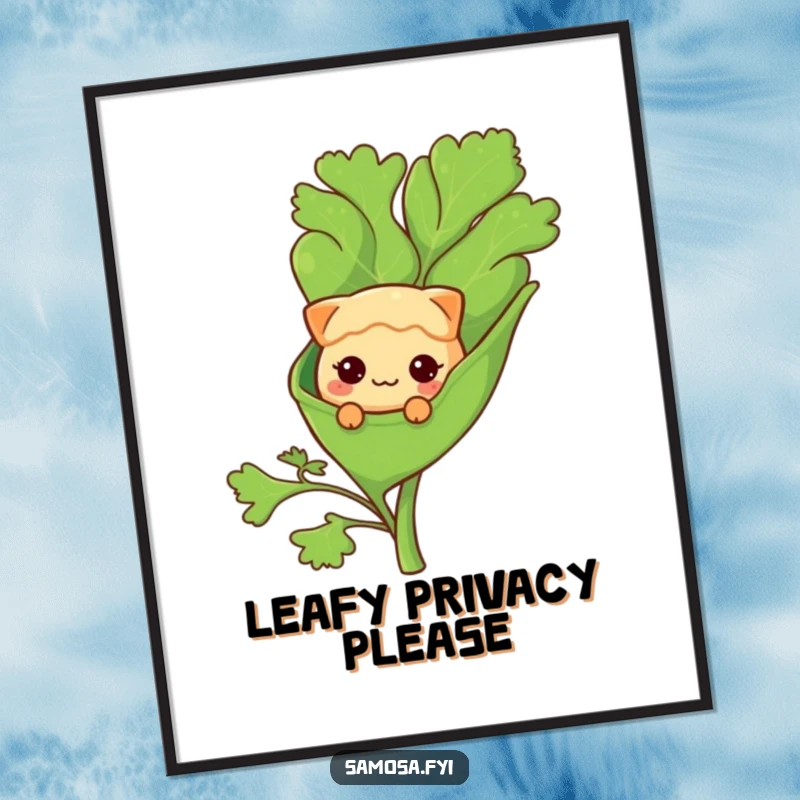 Funny Digital Art: A shy samosa character peeks from a giant coriander leaf, an adorable and humorous illustration.