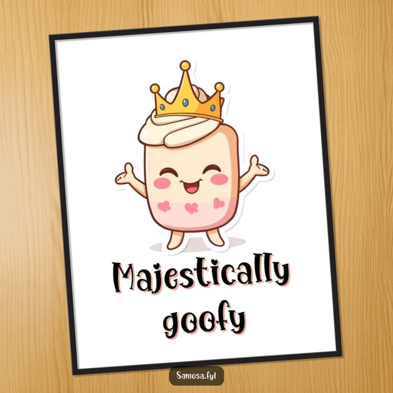 Funny digital art print of a crowned pastry character striking a proud, goofy pose, adding instant regal humor.