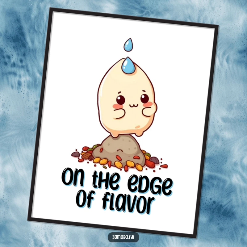 Funny samosa character sweating and balancing on a small pile of spices, as a downloadable digital art print.