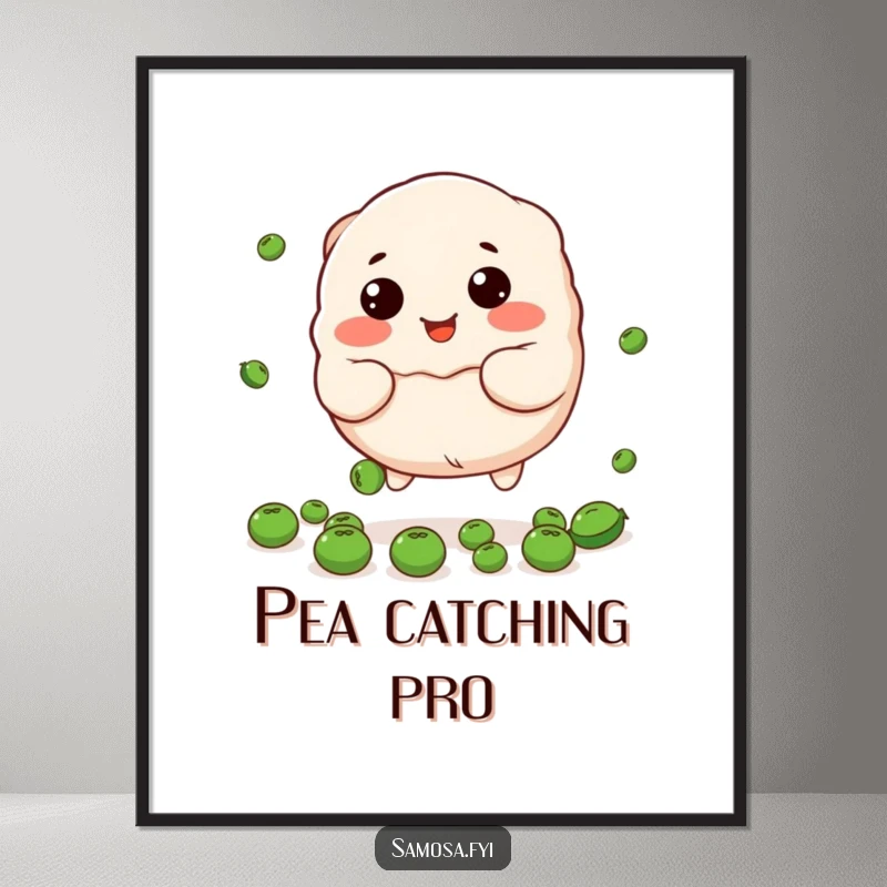 Funny dumpling digital art print of the stuffed character trying to catch peas, cute, humorous, and vibrant.