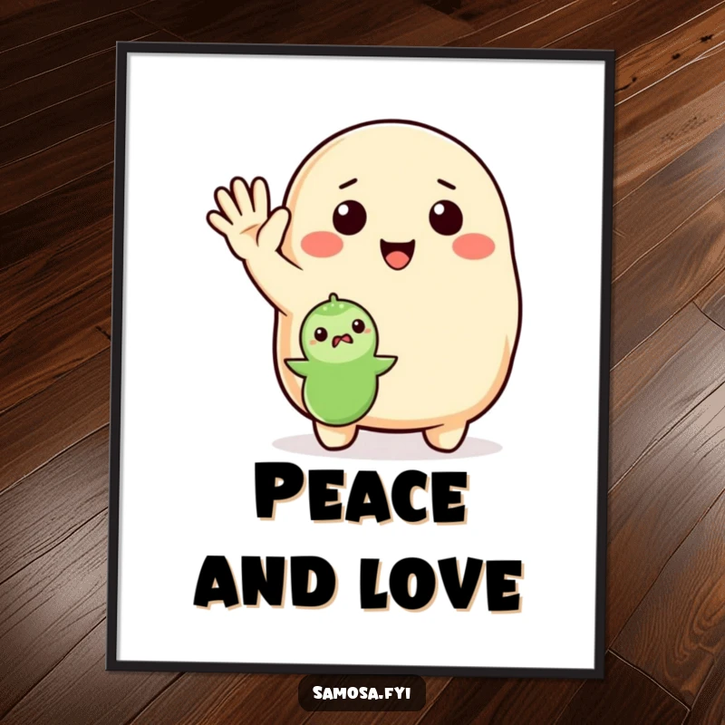 Funny Digital Art Print of an enthusiastic samosa waving to a pea, an instant download of cheerful, humorous art.