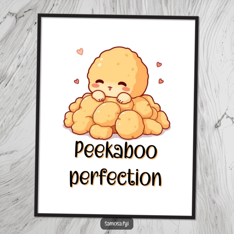 Funny digital art print of a shy pakora character peeking out from a pile of crispy batter, radiating innocent curiosity.