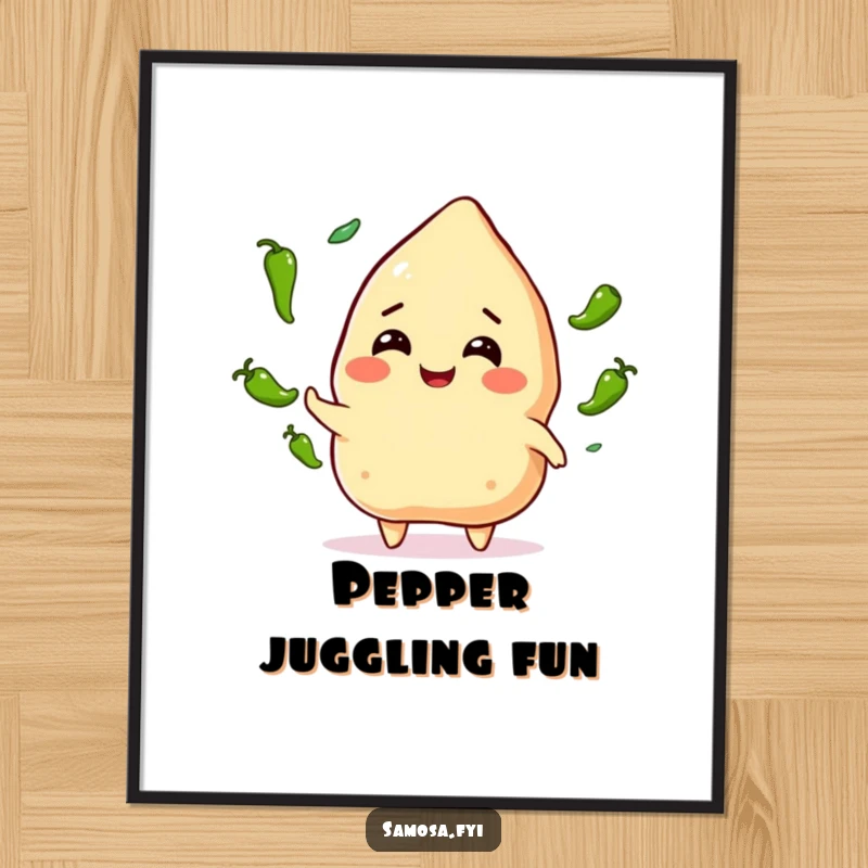 Funny Samosa Juggling Digital Art Print: A smiling samosa character skillfully juggling small green chili peppers, bringing a spicy sense of excitement to your walls.