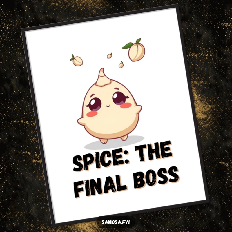 Funny digital art print of a samosa character's wide-eyed surprise at a falling cardamom pod, capturing a moment of culinary drama.