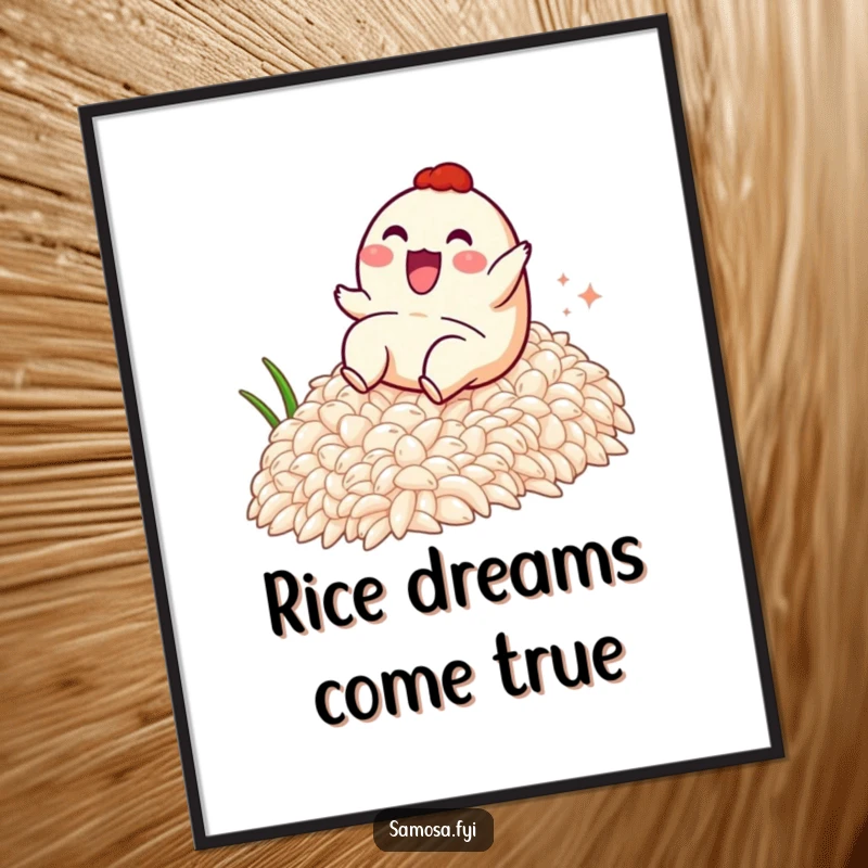 Funny digital art print of a samosa character gleefully sliding down a rice slope, capturing pure, unadulterated joy and humor.