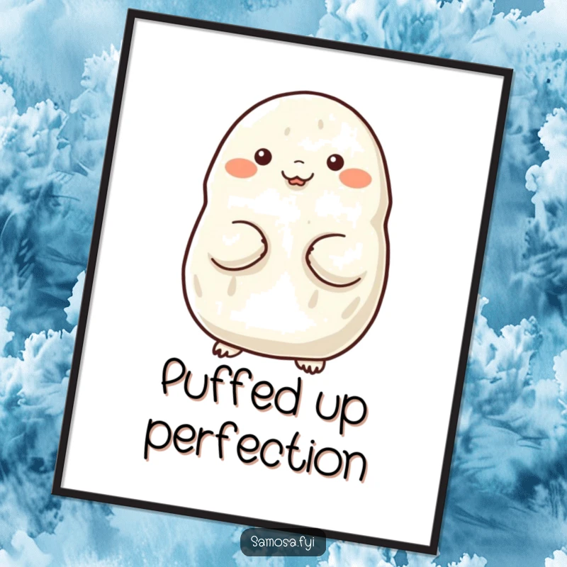 Funny digital art print of a samosa proudly puffing out its chest, perfect for instant, confident wall decor.