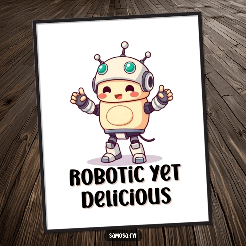 Funny Digital Art Print of a samosa character performing a stiff, joyful robot dance, perfect wall decor.