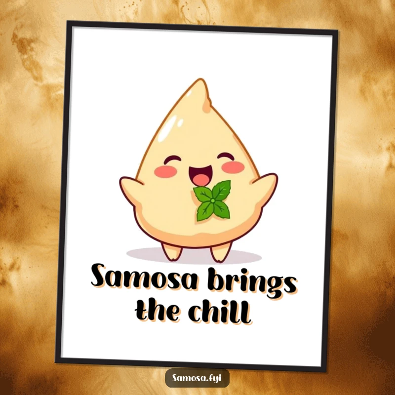 Funny digital art print of a joyful samosa offering a tiny mint leaf, adding foodie charm to any room.
