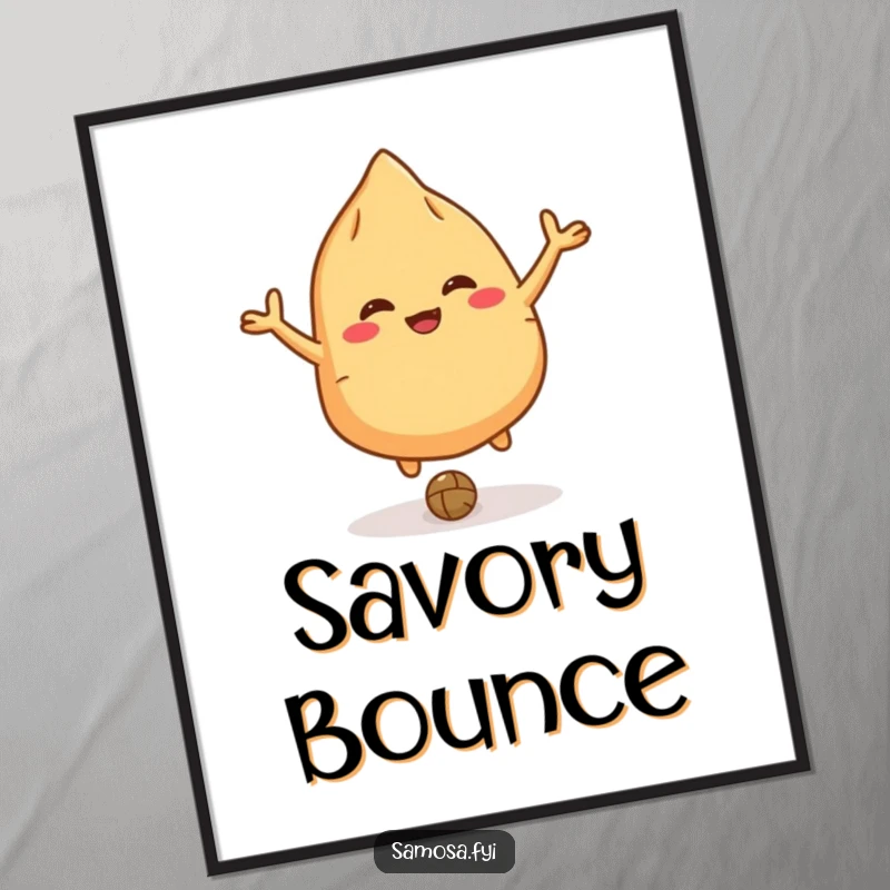 Funny giggling samosa digital art print of a character with small arms bouncing a lentil like a ball, instant joy.