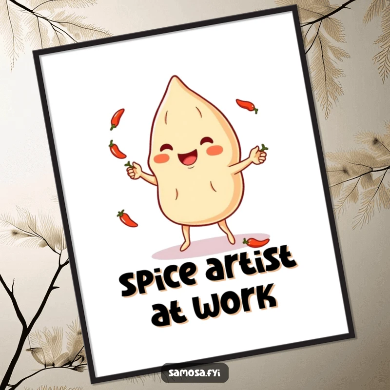 Funny Digital Art: A smiling samosa character juggles several tiny chili peppers, a vibrant and humorous illustration.