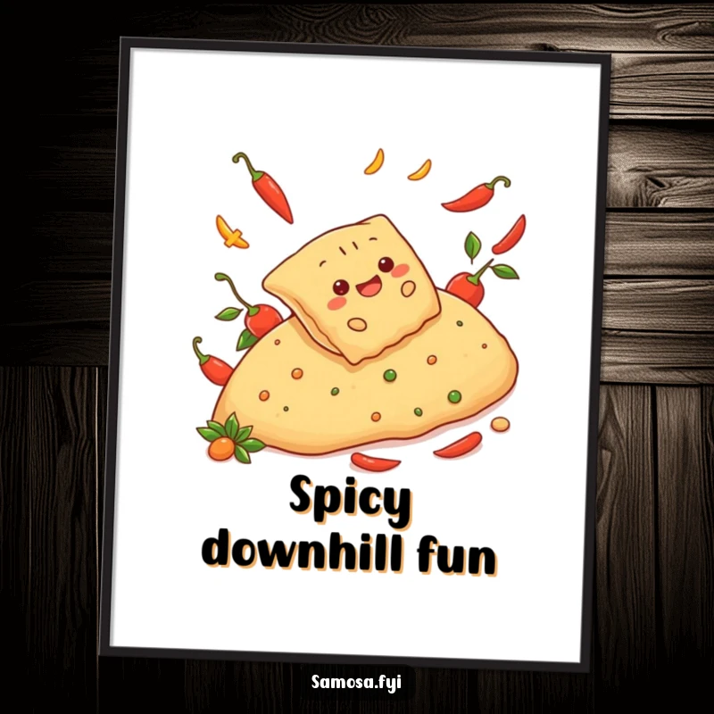 Funny digital art print of a cheerful samosa sliding down a spicy red pepper hill, perfect for instant adventurous and humorous wall decor.