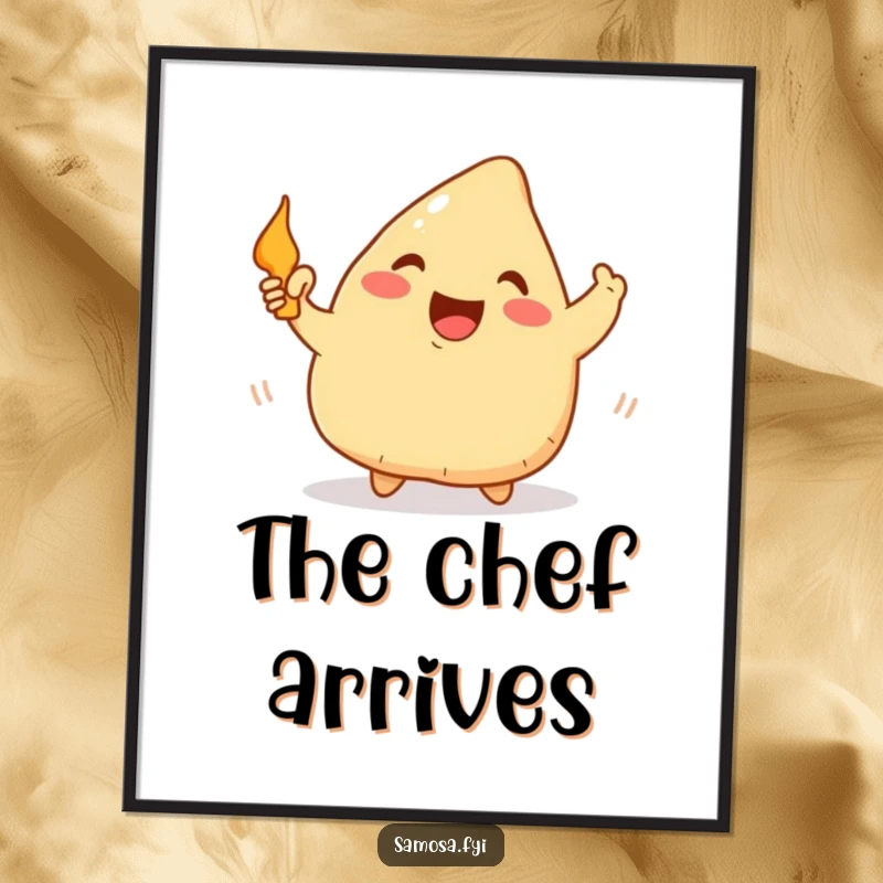 Funny Samosa Digital Art: Printable art of a happy samosa waving a tiny frying pan, perfect for kitchen-themed humorous decor.